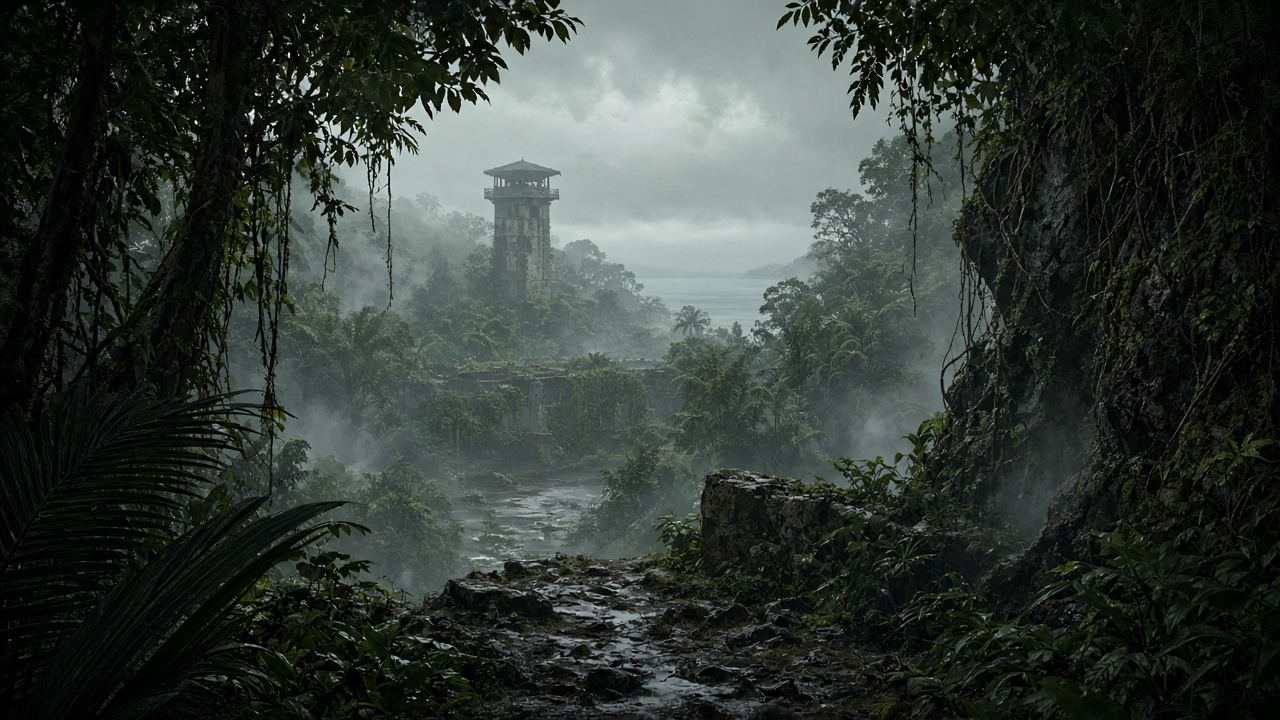 Harsh island wilderness atmosphere representing SCUM communities